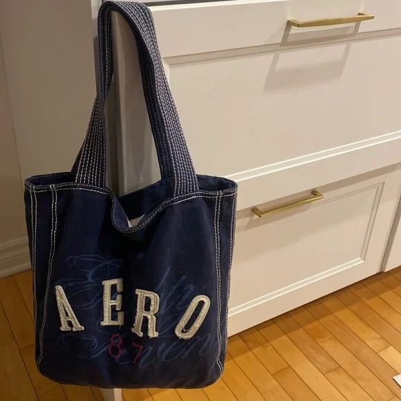 AEROPOSTALE Fabric Navy Blue Jean style Casual Tote Bag with white stitching - Picture 13 of 13